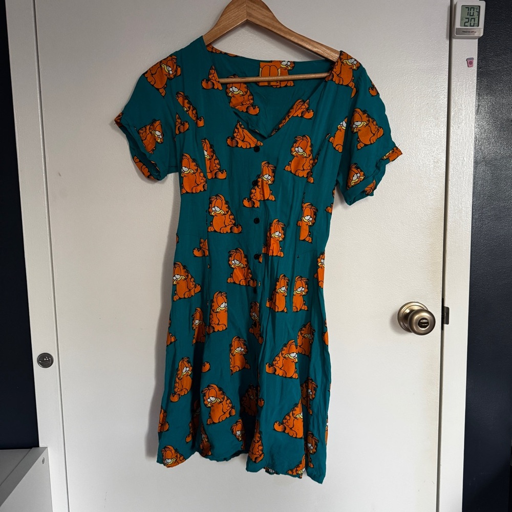 Teal and Orange Garfield Print Dress by Lazy Oaf